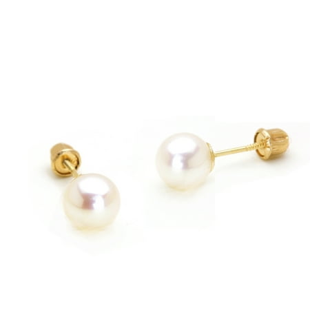 14k Yellow Gold Simulated Pearl Children Screw Back Baby Girls Earrings 6mm