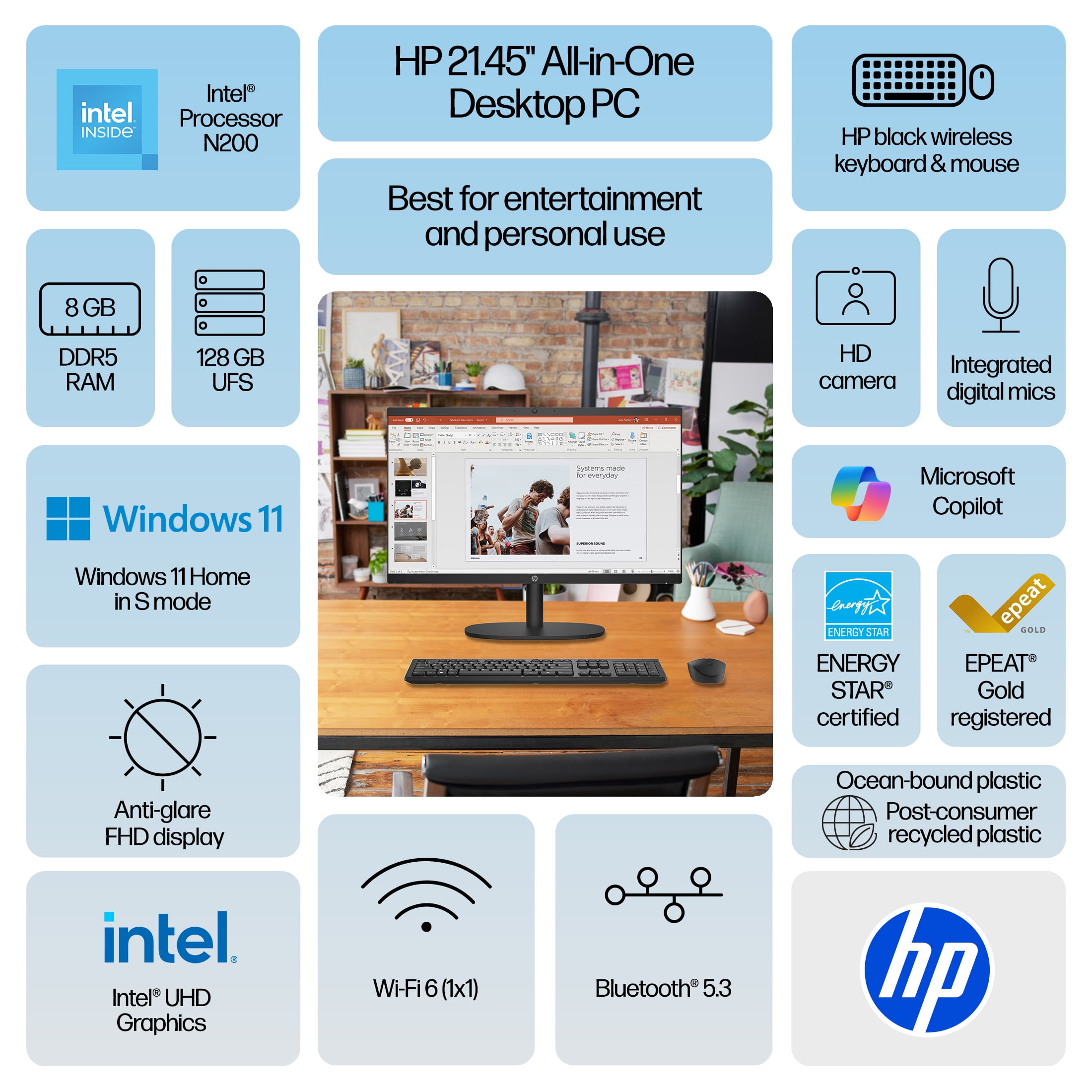 Open Box HP 21.45 inch All-in-One Desktop FHD Display Intel Pentium 8G/128SSD Windows 11 Home in S Mode Jet Black