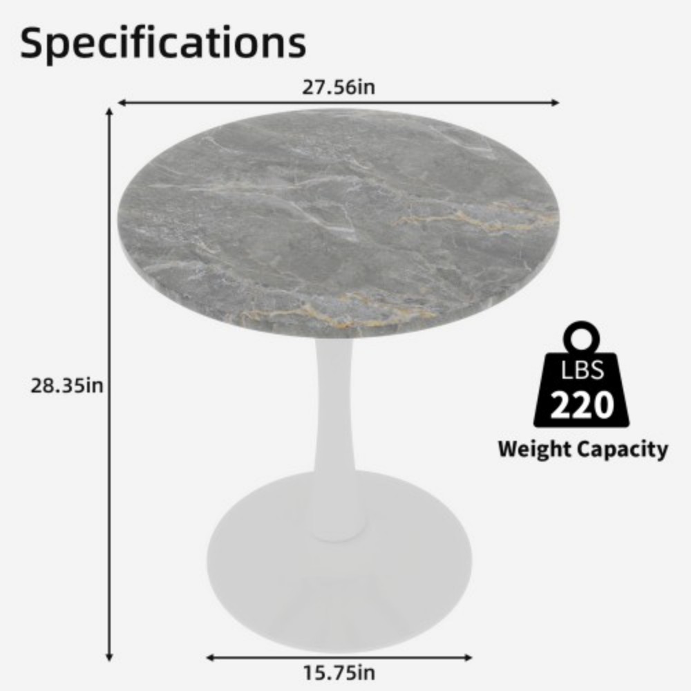 27.6" Round Coffee Table, Dark Gray Veined Marble-Look Top with White Pedestal Base, Mid-Century Modern Dining Table for 2-4, Living Room