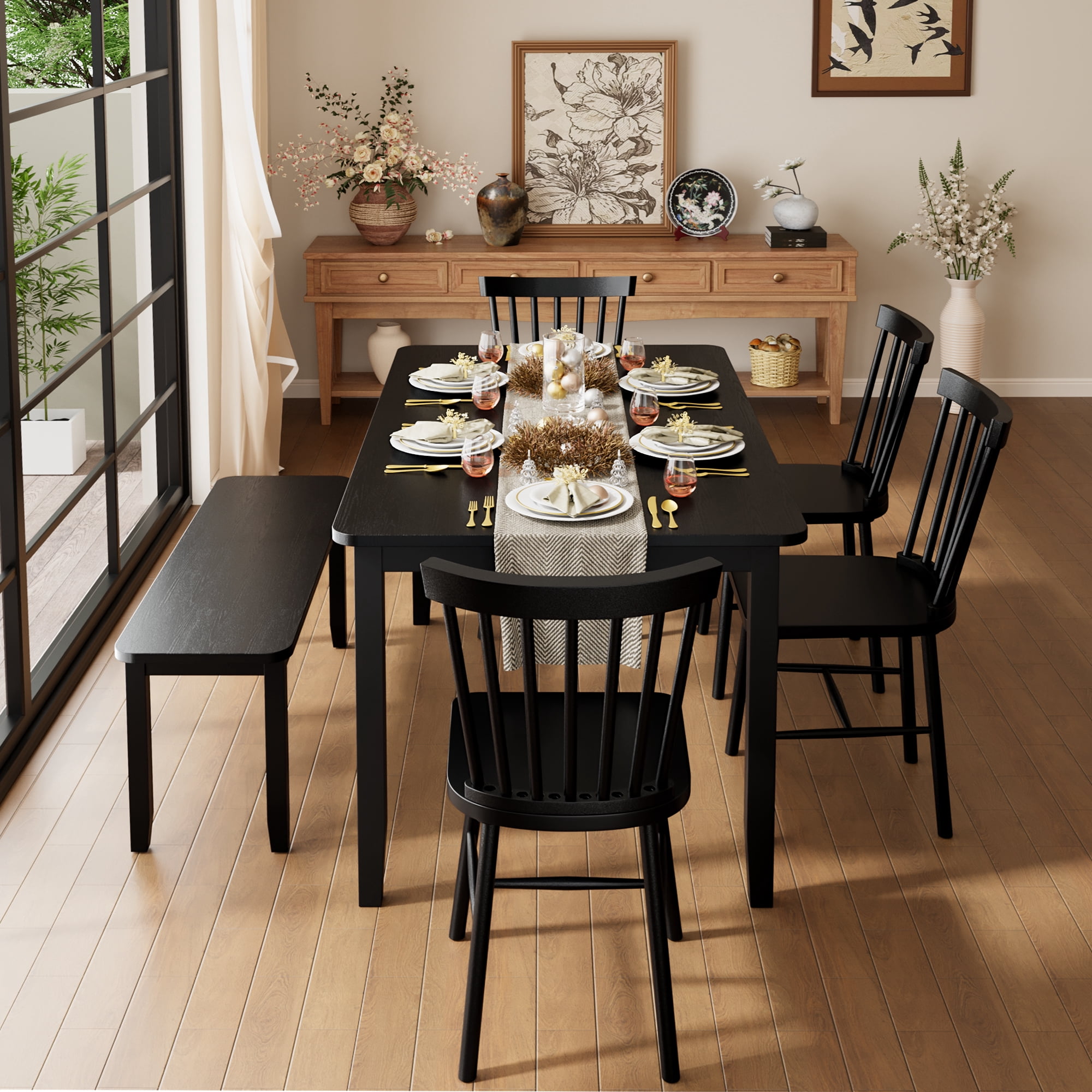 Lacoo Modern Simple Solid Wood Dining Table Set 6-Piece, 1 Table 4 Chairs 1 Bench, Kitchen Dining Room Furniture Set, Multiple Colors Available