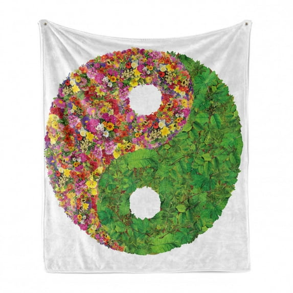 Ying Yang Soft Flannel Fleece Throw Blanket, Flowers and Leaves Ying Yang Floral Style Daises Sunflowers, Cozy Plush for Indoor and Outdoor Use, 70" x 90", Multicolor, by Ambesonne