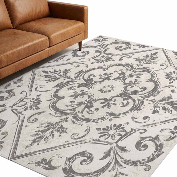 Vintage Floral Area Rug 5x7ft Classical Beige Grey Damask Distressed Pattern Non-Slip Washable Rectangle Rugs Soft Felt Indoor Floor Mat for Bedroom Kitchen Living Room Bathroom