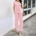 thumbnail image 7 of Diufon Summer Two Piece Suits for Women V Neck Short Sleeve Button Tops Solid Color Wide Leg Pants Outfits, 7 of 7