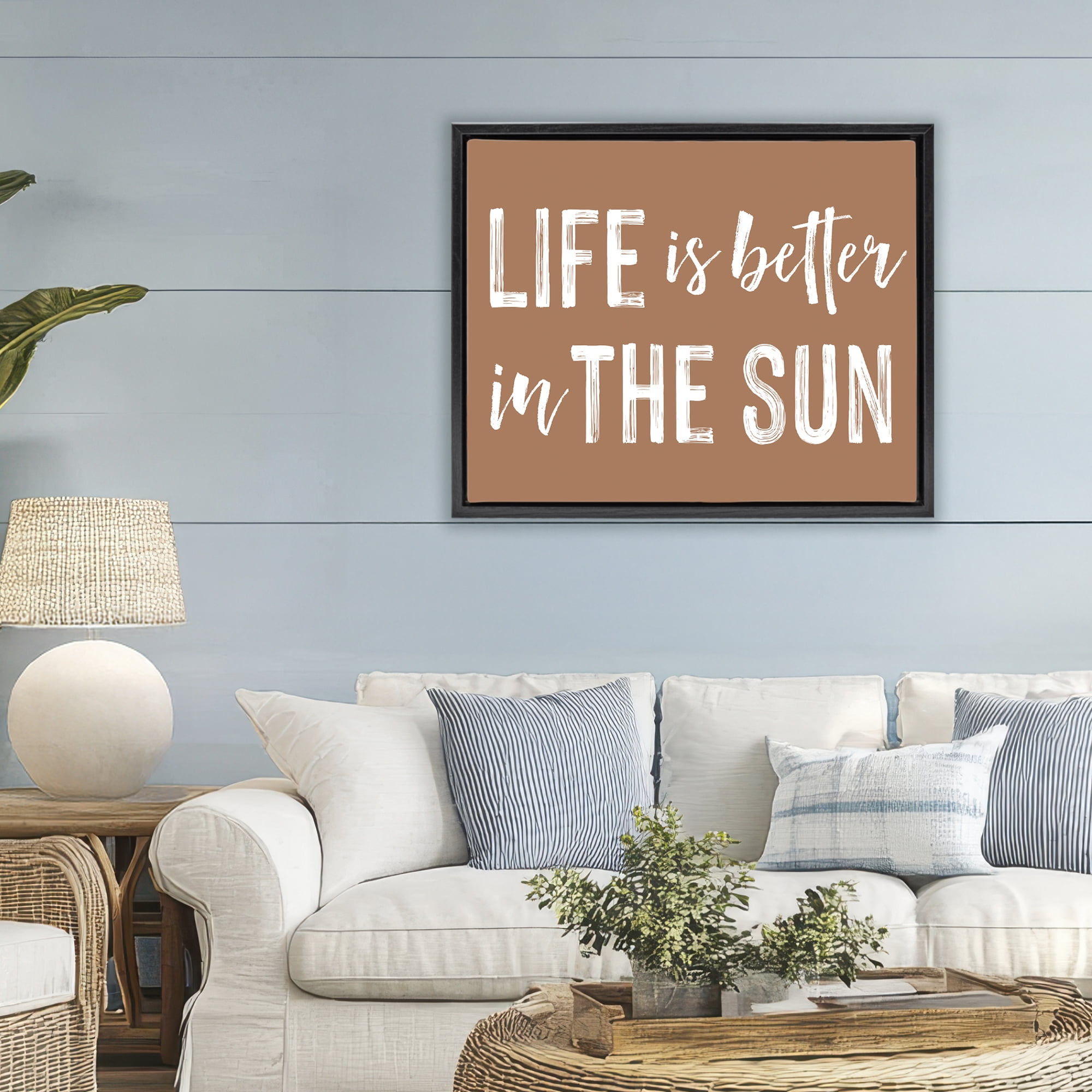 Life Better In Sun Brown Black Framed Floater Canvas Wall Art, design by Lettered and Lined