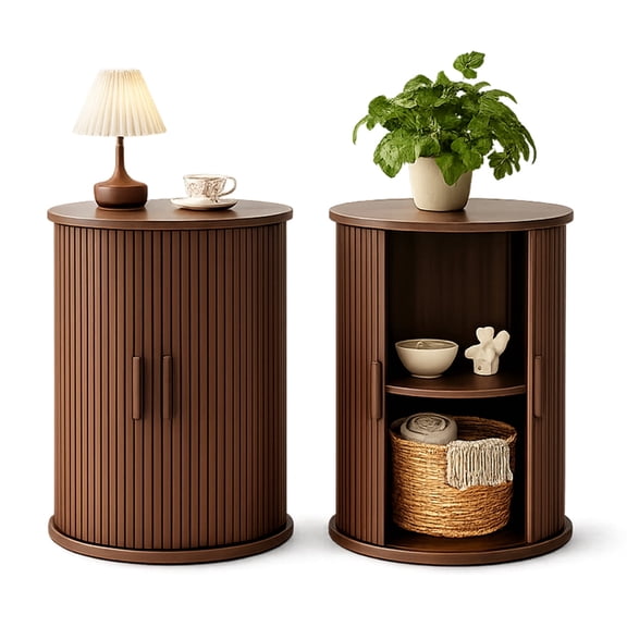 ICEELF Round Fluted End Table Set of 2, Tall Nightstand with Sliding Tambour Door & Adjustable Shelf, Modern Side Table for Bedroom, Living Room, Walnut
