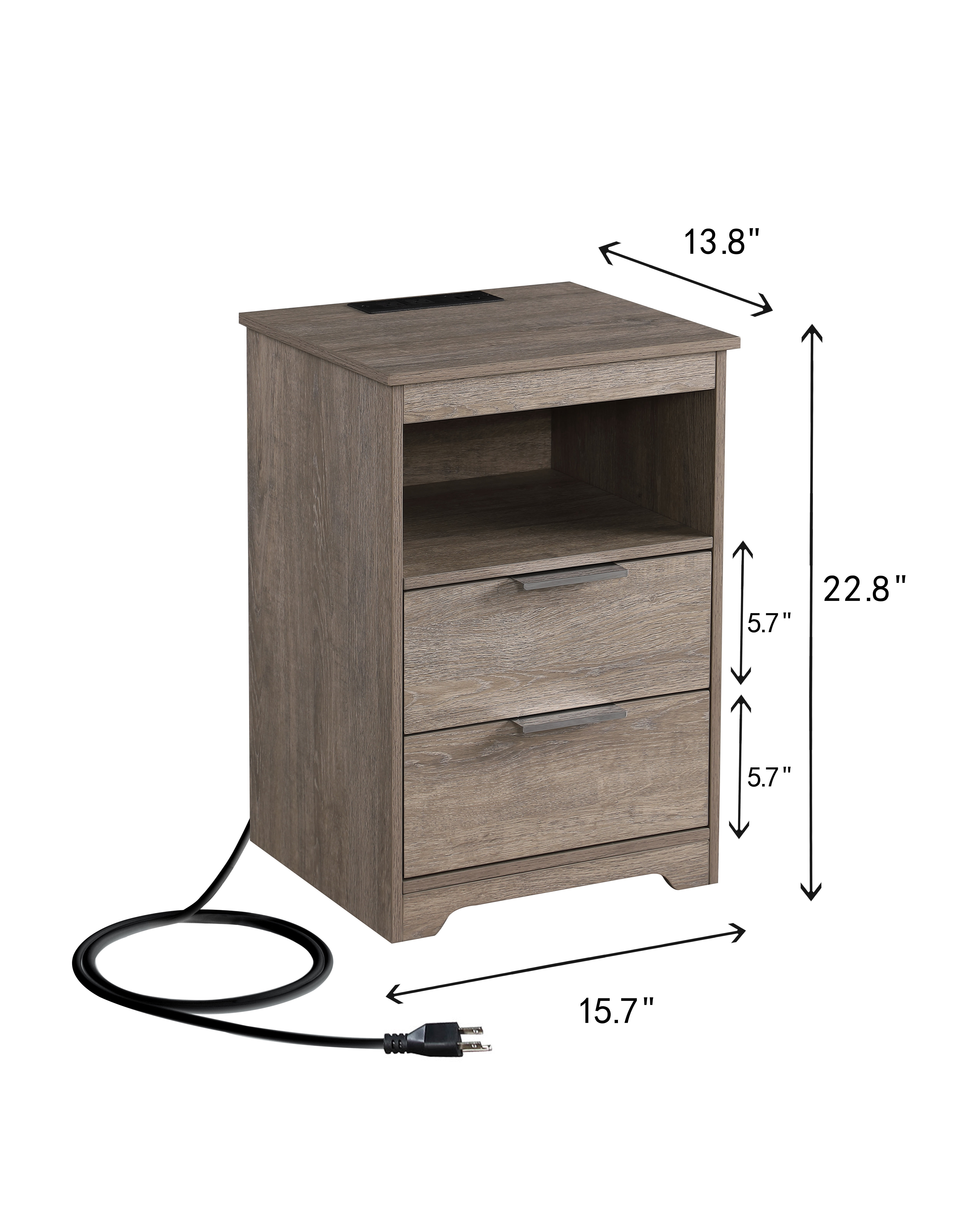 Nightstand with Charging Station,End Table with 2 Drawers,Wooden End Table with Drawer and Opening Shelf,Side Table for Bedroom, Gra