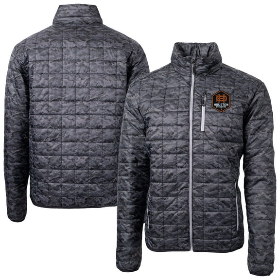 Men's Cutter & Buck Black Houston Dynamo FC Rainier PrimaLoft- Eco Insulated Printed Full-Zip Hoodie Puffer Jacket