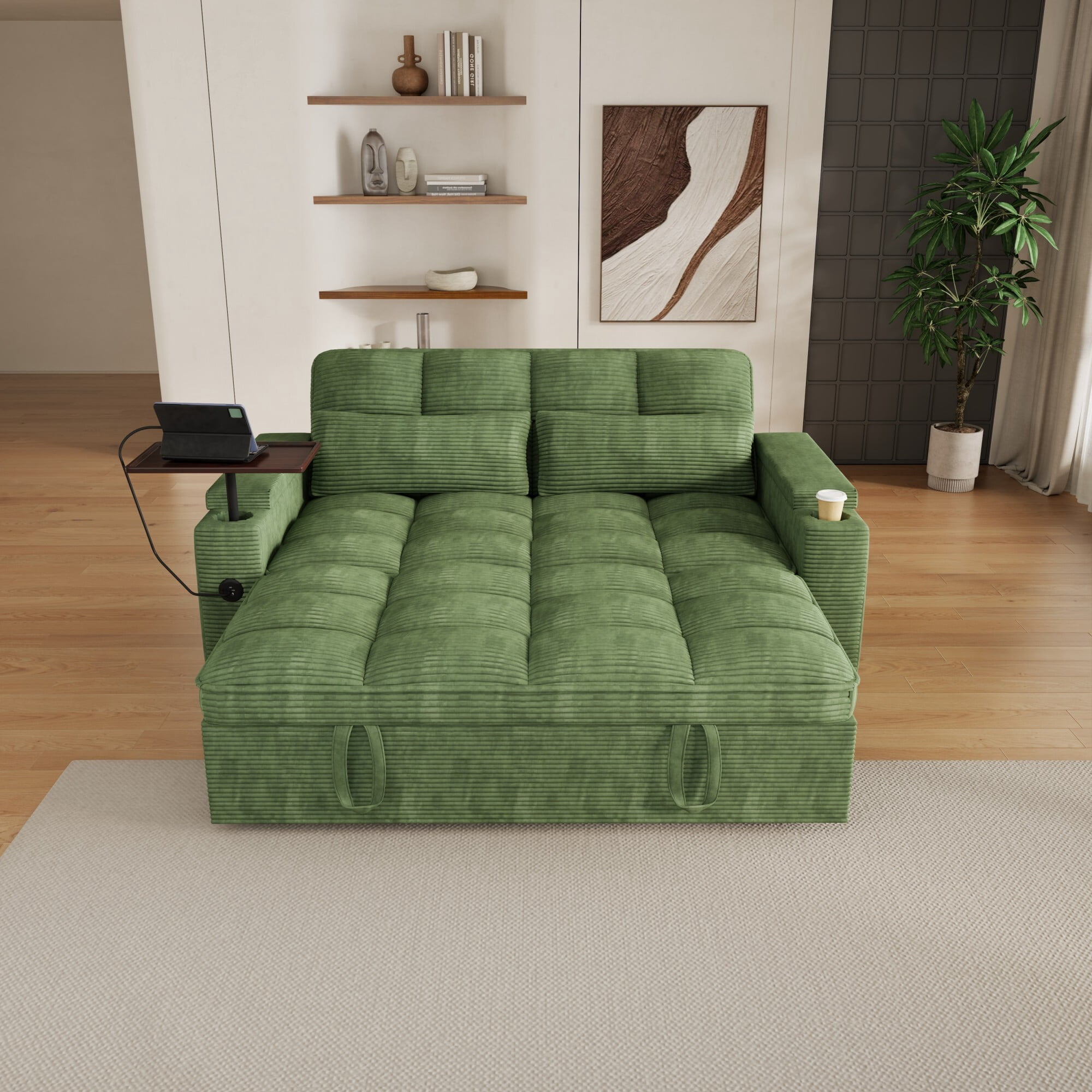 DEALTOPS 65" Corduroy Sleeper Sofa Bed, 3-Position Pull Out Couch with 360° Swivel Table, USB & Storage, Green
