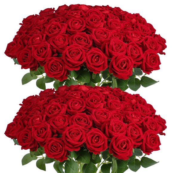 60Pcs Red Roses Artificial Flowers, Velvet Silk F