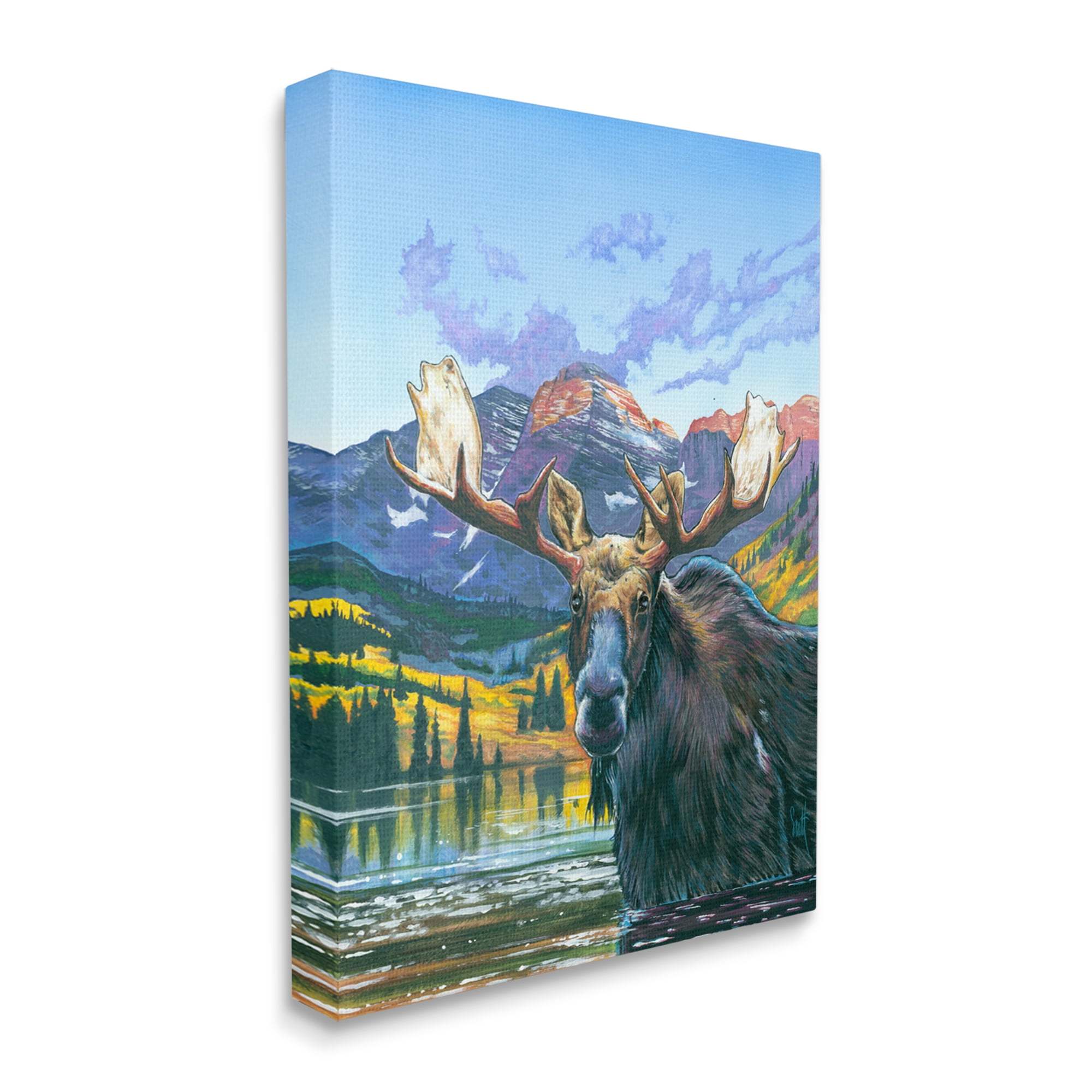 Stupell Industries Moose in River Painting Animals & Insects Painting Gallery Wrapped Canvas Print Wall Art, 16 x 20