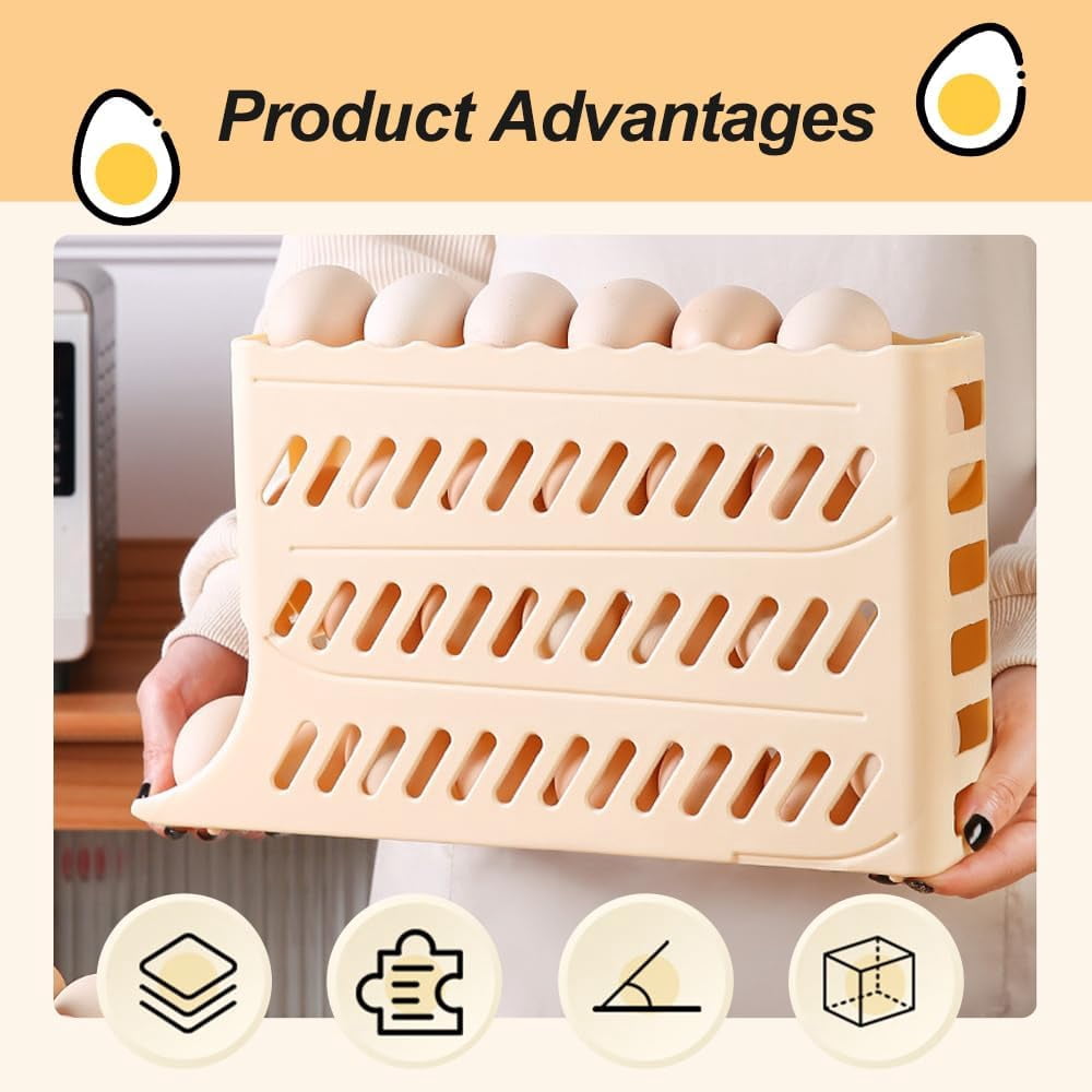 2026 New Egg Holder for Fridge, Automatic Rolling Egg Dispenser Organizer, Space Saving Egg Storage Box for Refrigerator, Holds Up to 30 Eggs Easy Access Egg Dispenser for Kitchen