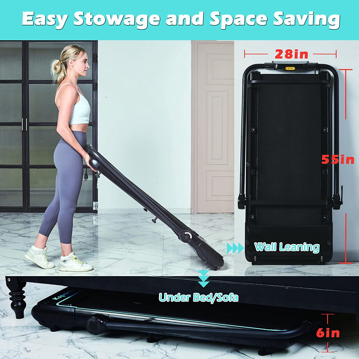 Ksports Foldable Home Treadmill, 2.5HP Under Desk Walking Pad, Black/Blue
