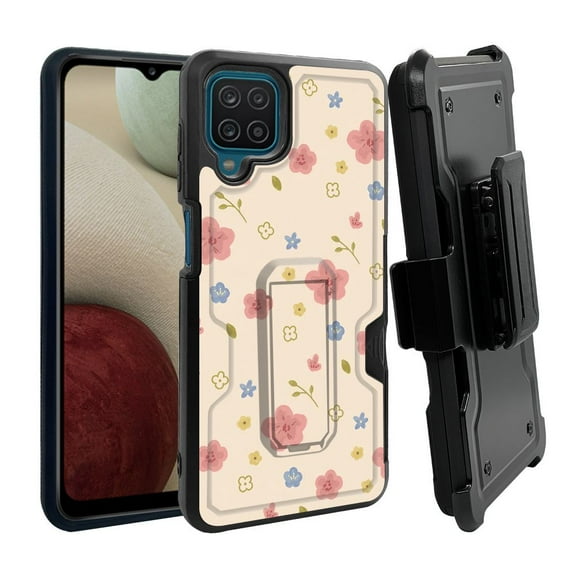 ANJ  Rugged Dual Layer Shockproof Holster Case w/Card Slot, Kickstand   Tempered Glass for Samsung Galaxy A12 - Cute Sakura