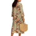 thumbnail image 2 of COEQINE Women's Office Casual Dress 3/4 Sleeve Wrap V-Neck Long Dresses Linen Look Loose Fit Midi Tunic Sundress for Work, Machine Washable, Size XL, Vintage Bird Rose Floral, 2 of 6