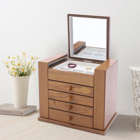 ToppiJoy 5 Tiers Eapmic Extra Carved, Wooden Jewelry Box Jewelry Case Cabinet Armoire Ring Necklacel Gift Storage Box Organizer (Light Brown, Style 1)