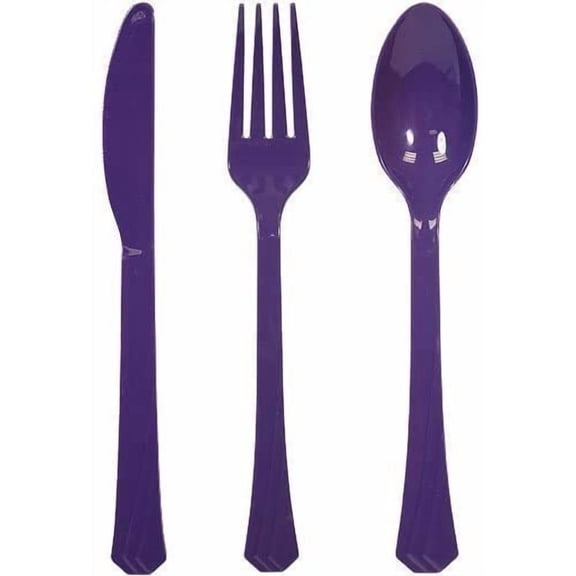 Tiger Chef Plastic Cutlery Set Heavy Duty Colored Plastic Silverware - Includes 192 Forks, 192 Teaspoons, and 192 Knives (Purple, 576)