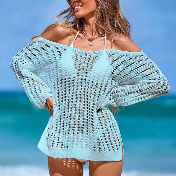 Yotami Womens Crochet Swimsuit Cover Up, Cold Shoulder Summer Bathing Suit Mech Hollow Out Beach Dress
