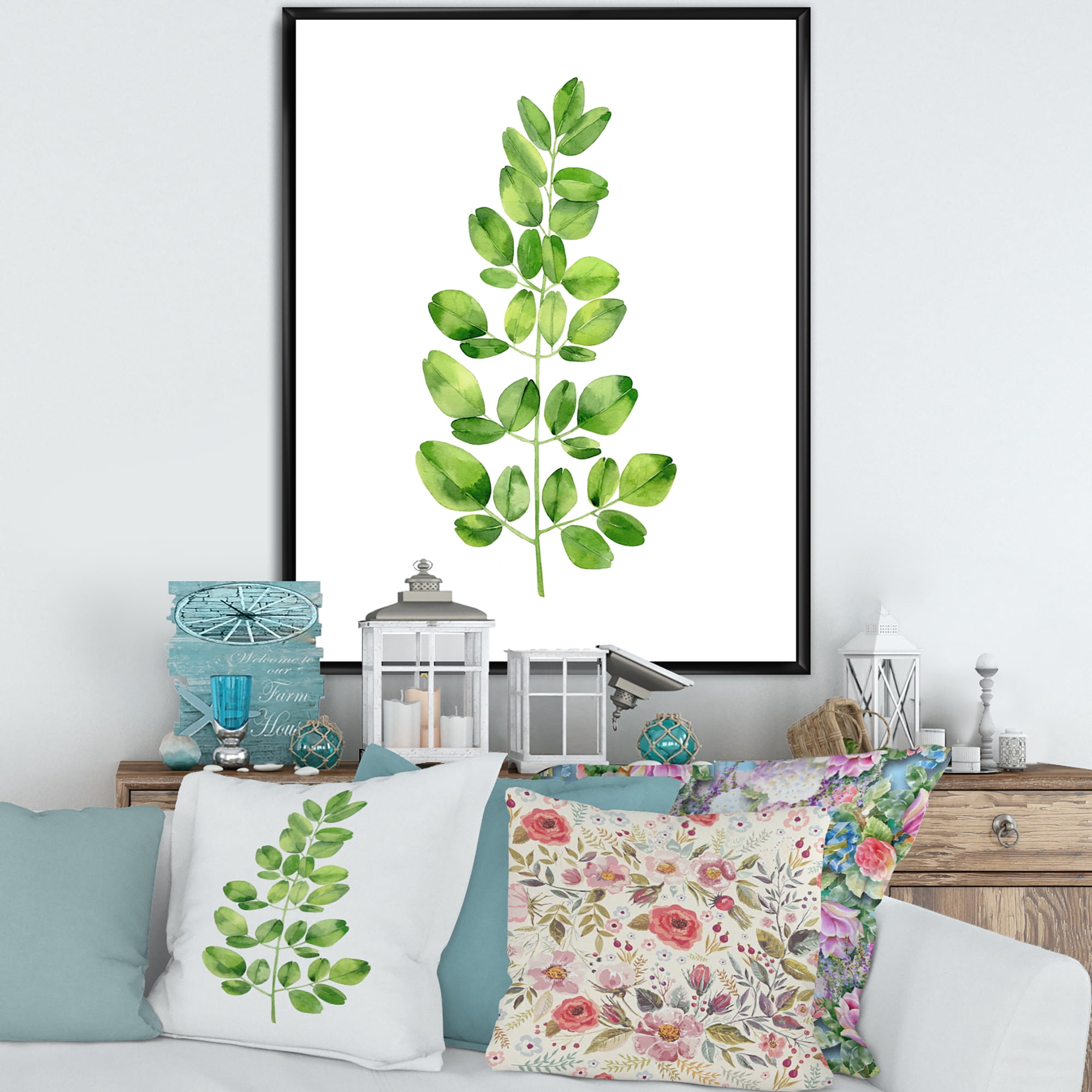 Designart 'Moringa Plant Branch Tropical Tree Foliage' Farmhouse Framed Canvas Wall Art Print