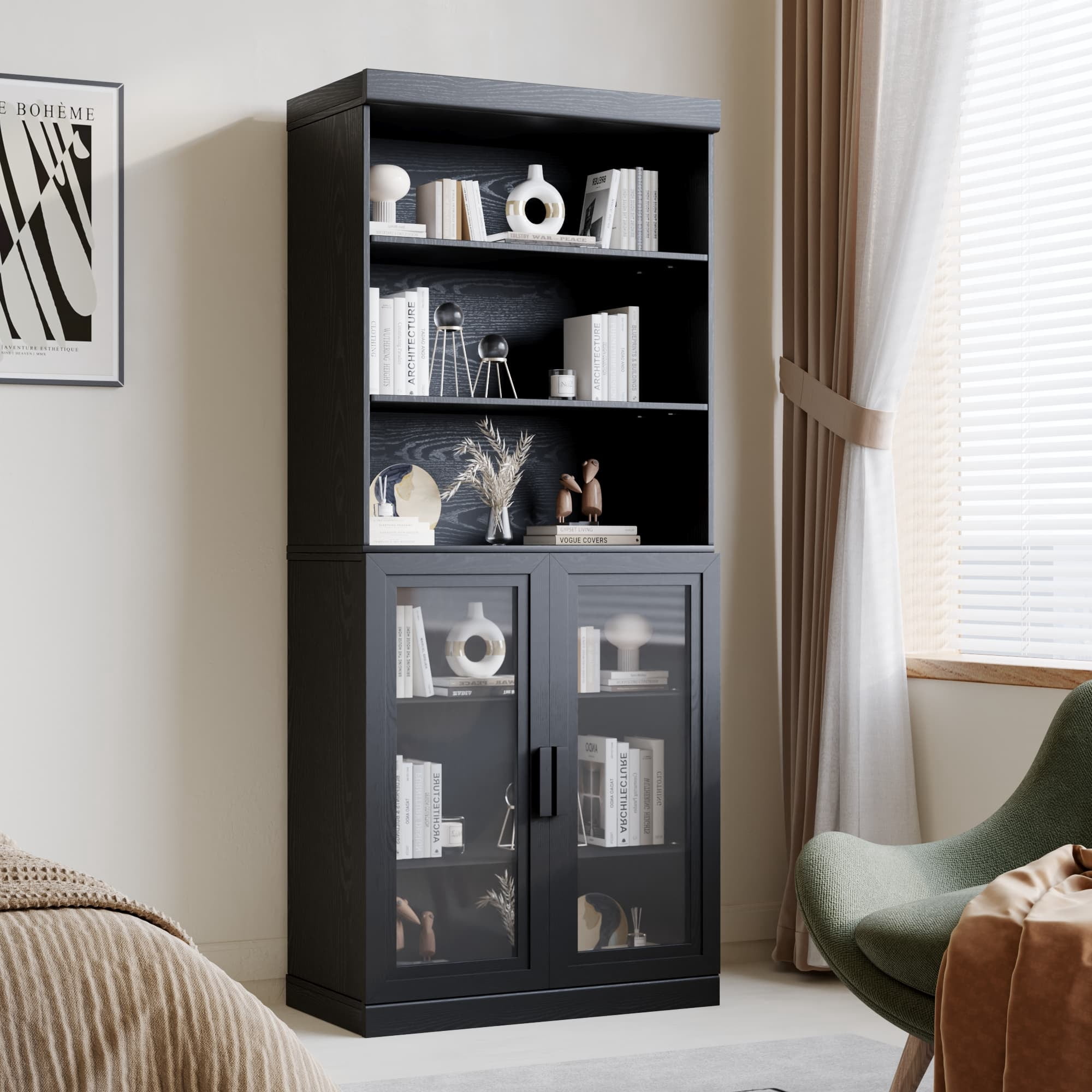MAYEERTY Curio Display Cabinet with Glass Doors, DIY Combination Storage Cabinets with Adjustable Shelves for Living Room, Black