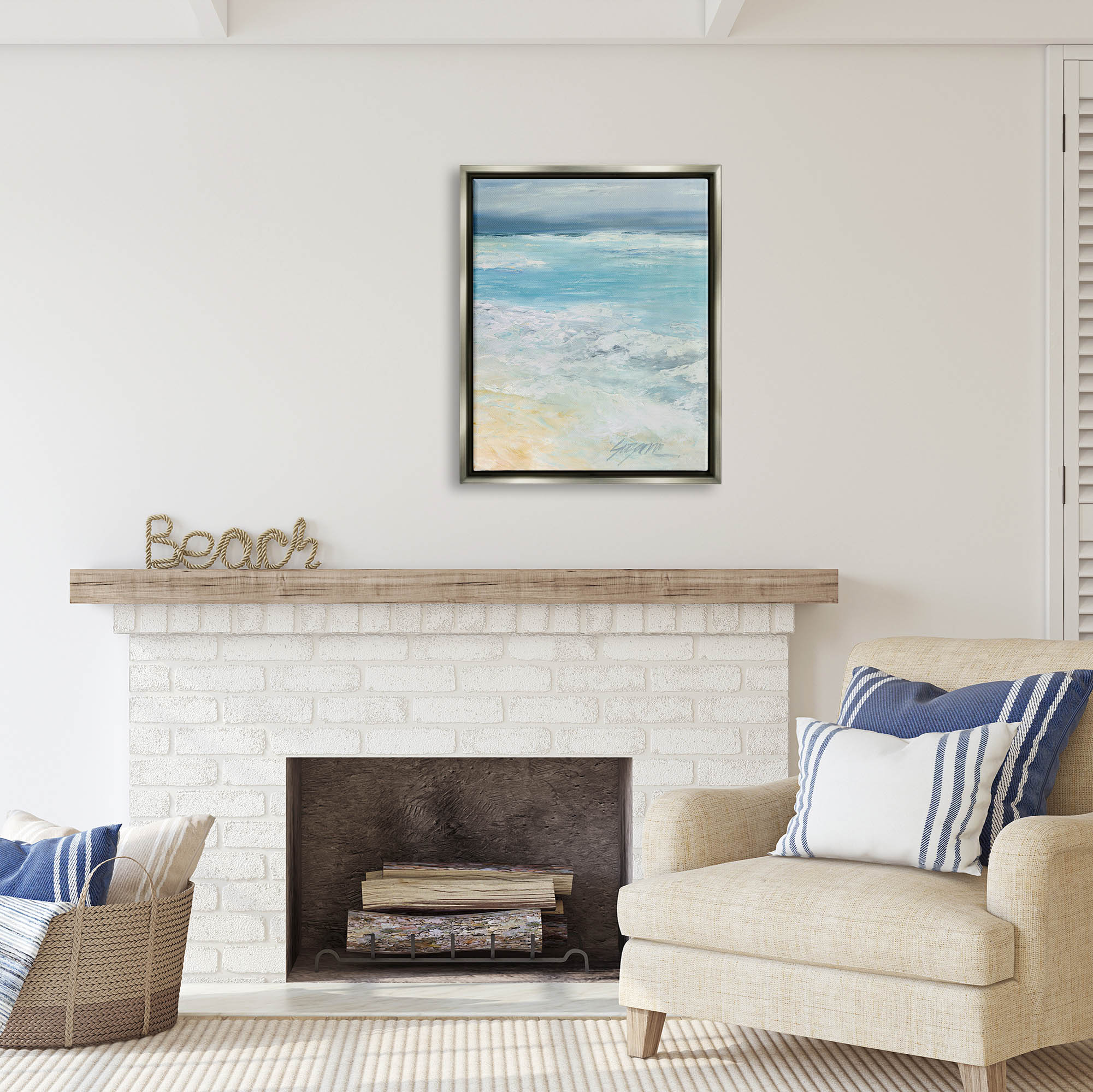 Stupell Industries Modern Beach Waves Abstract Shore Coastal Painting Gray Floater Framed Art Print Wall Art
