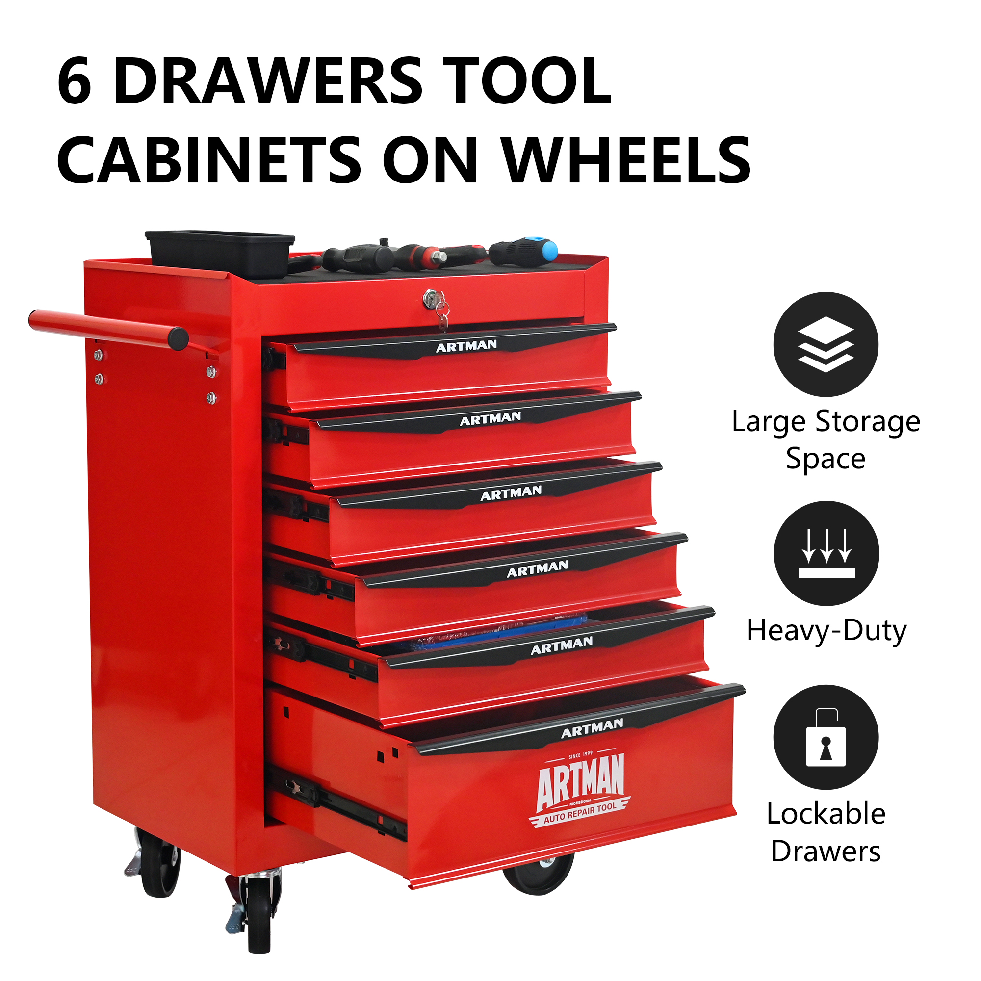 E-Western Rolling Metal Tool Chest with 6 Drawers 20 Inch Steel Storage Cabinet on Wheels Red Black 4 Casters Lockable Durable Heavy Duty