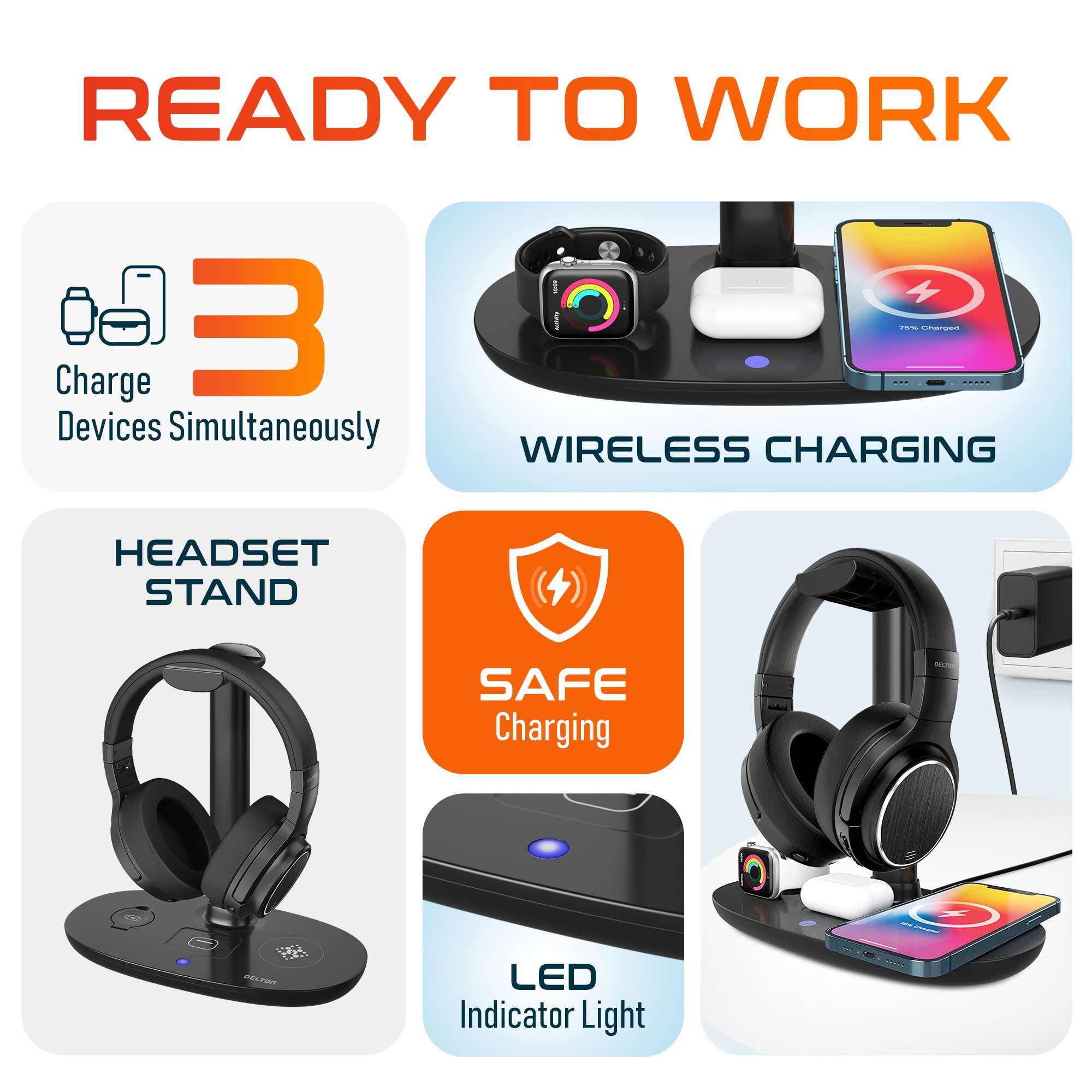 Delton M101 Wireless Computer Headset And Qi Charging Stand, Bluetooth headphones with Noise Cancelling Mic, Headset Stand Charging Station Support 20W Fast Charging