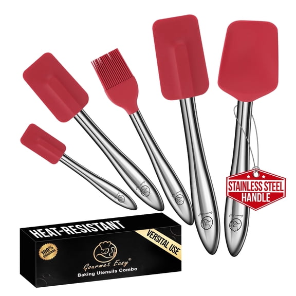5pcs Silicone Spatula Cooking Utensils Set with Stainless Steel Handles, Premium Heat-Resistant Kitchen Utensils for Baking, Spoonula & Silicone Brush Included, Safe for Nonstick Cookware (Red)