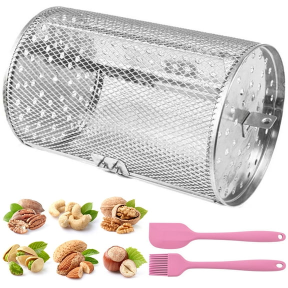 Rotisserie Basket 360° Rotary Stainless Steel Rotisserie Cage with Brush Spatula Movable Door Rotisserie Grill Roaster Washable Grill Roaster Drum Air Fryer Grilling Basket for BBQ 12×18cm