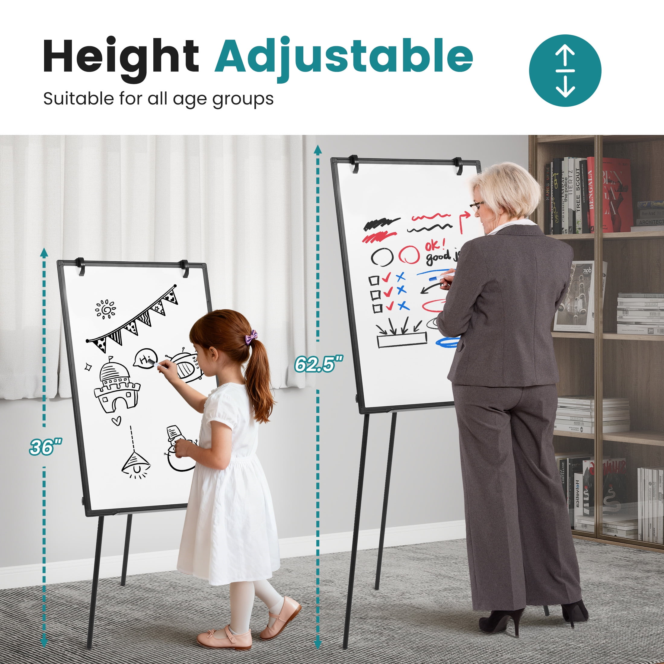 edx 36x24 Magnetic Portable Stand Whiteboard with Adjustable Tripod Easel for School, Home Office, Black