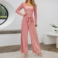 thumbnail image 2 of sususu Women's Jumpsuit Long Sleeve Square Neck Belted Wide Leg Romper Outfit Elegant Casual Loose Overalls,Pink,L, 2 of 5