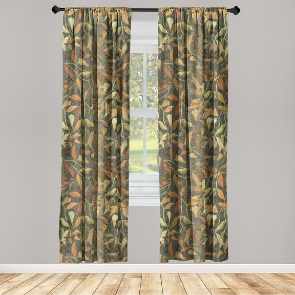 Autumn Themed Window Curtains, Grunge Inspired Fall Leaves Greenery Art Melancholic Aura Print, Lightweight Decor 2-Panel Set with Rod Pocket, Pair of - 28"x95", Apple Green Pale Coffee, by Ambesonne