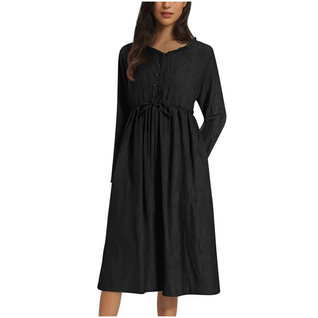 Ohufall Womens Button Down Maxi Fall Dress Turn Down Collar Baggy Lightweight Dresses Tummy Control Long Sleeve Flowy A-Line Dress