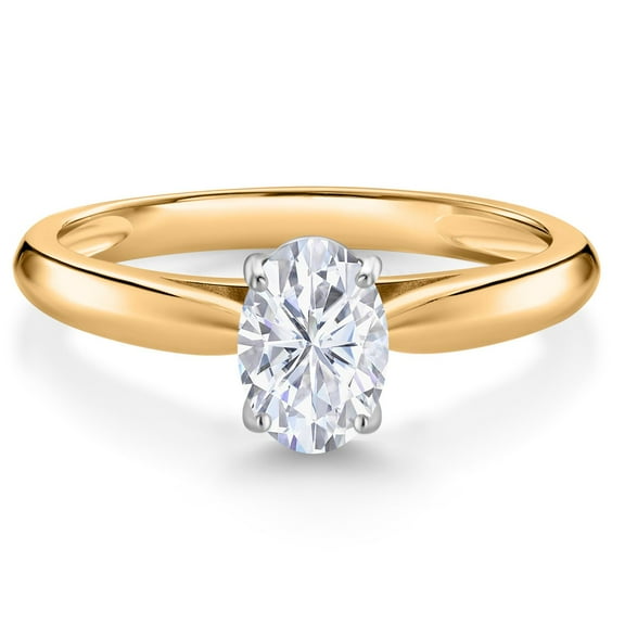 Gem Stone King 10K Yellow Gold White Moissanite Solitaire Engagement Ring for Women (0.90 Cttw, Oval 7X5MM, Gemstone Birthstone, Size 6)