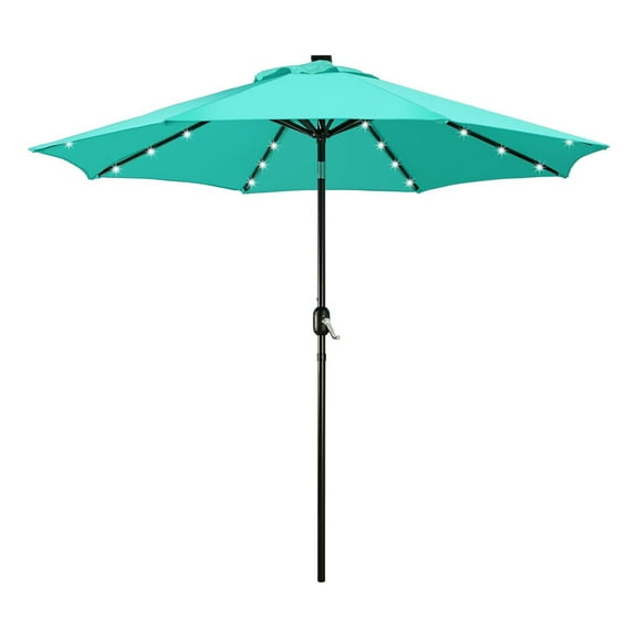 9 FT Solar Powered Patio Umbrella, Market Table Umbrella with 32 LED Lights, Push Button Tilt and Crank Lift System for Poolside, Lawn, Green