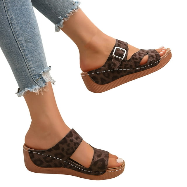 Womens Orthopedic Platform Slides Sandals 2025 Fashion Leopard Buckle Arch Support Wedge Dress Slip on