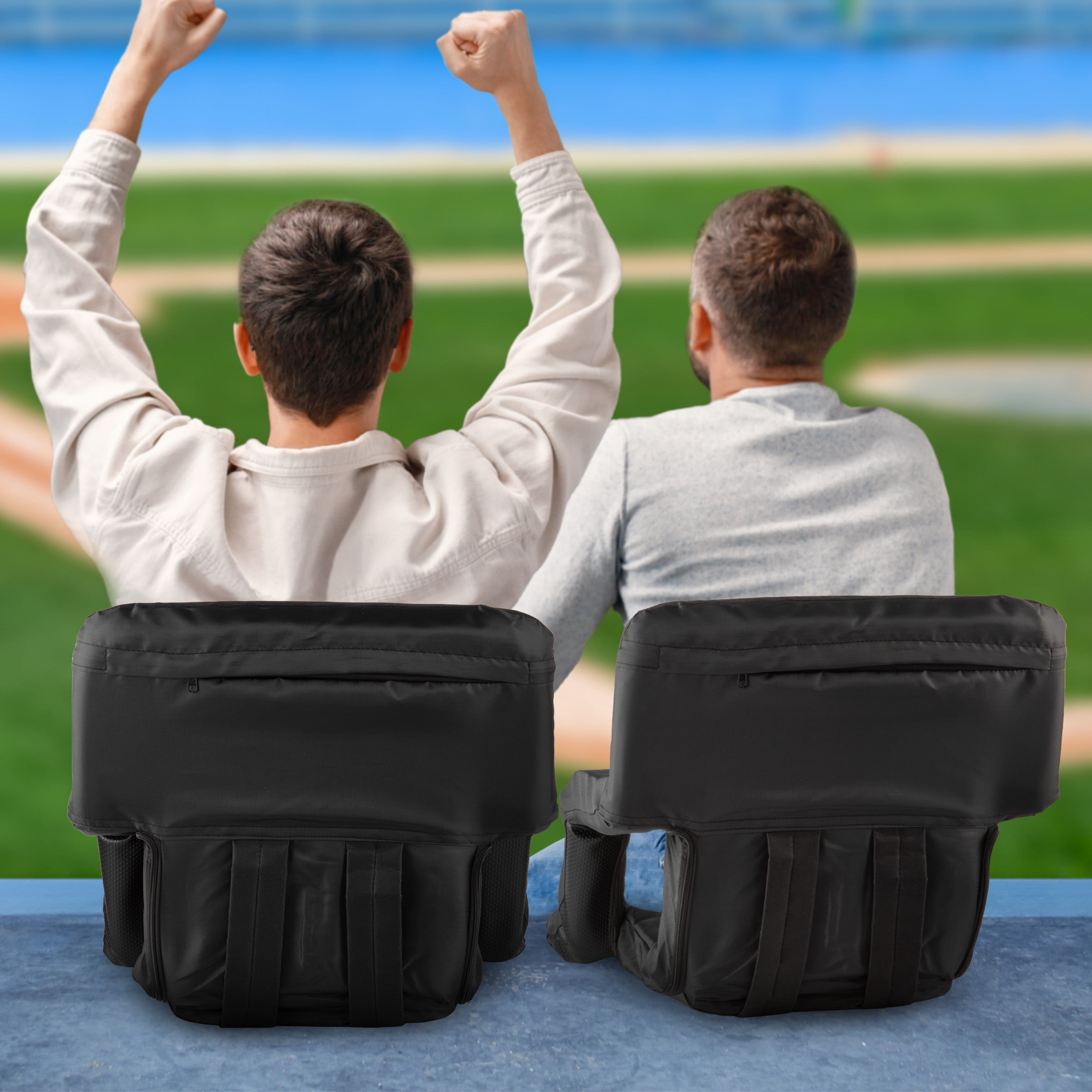Stadium Seat Cushion Set Of 2 Wide Reclining Stadium Chairs For Bleachers With Back Support Armrests And Backpack Straps By Home Complete Black