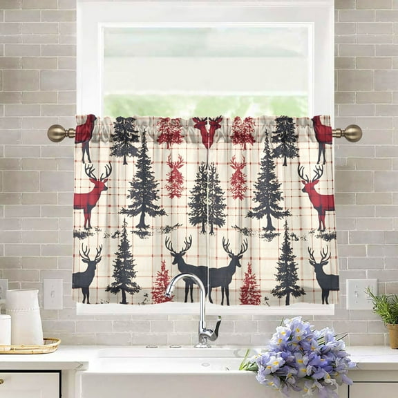 Yayeee Kitchen Curtains Tier Pair Light Filtering 27"x36" Rod Pocket Short Cafe Window Panel, Red Deer