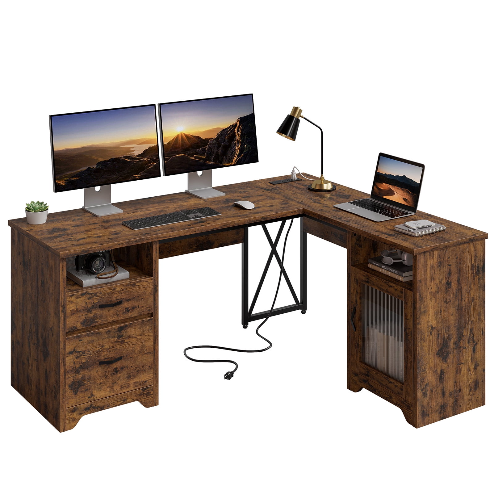 Bestier Farmhouse L Shaped Desk with Drawers, 63"Office Computer Desk with Charging Station & Fluted Storage Cabinet, Corner Desk with File Drawers, Modesty Panel for Home Office, Rustic Brown