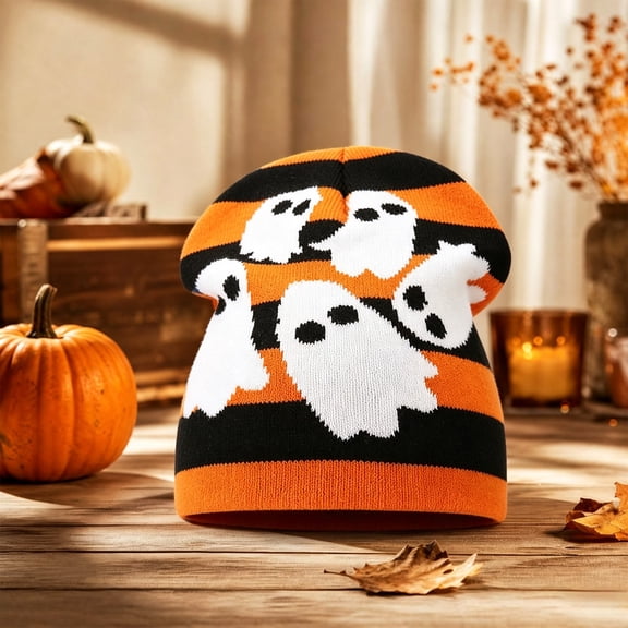 WZXFASHION Knit Beanie Hat for Women Jacquard Knit Striped with Spooky Ghost Print Slouchy Skull Cap for Cosplay Party Halloween Costume
