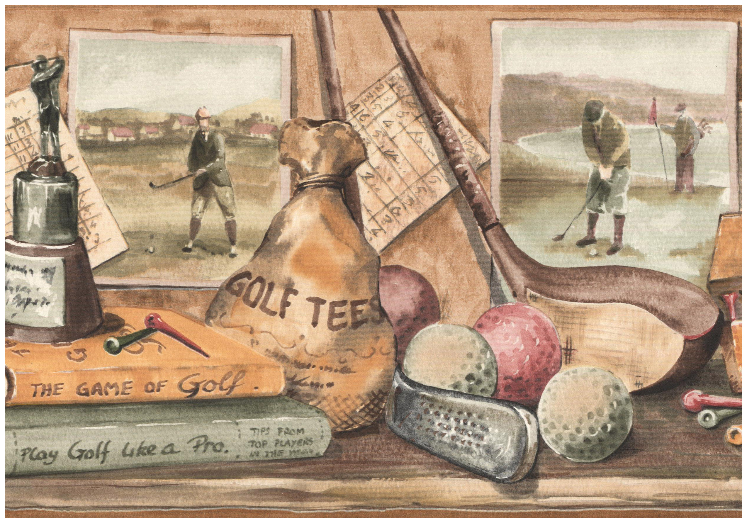 Wall Border - All Golf - Trophy Pictures Books Clubs Tees Balls Vintage