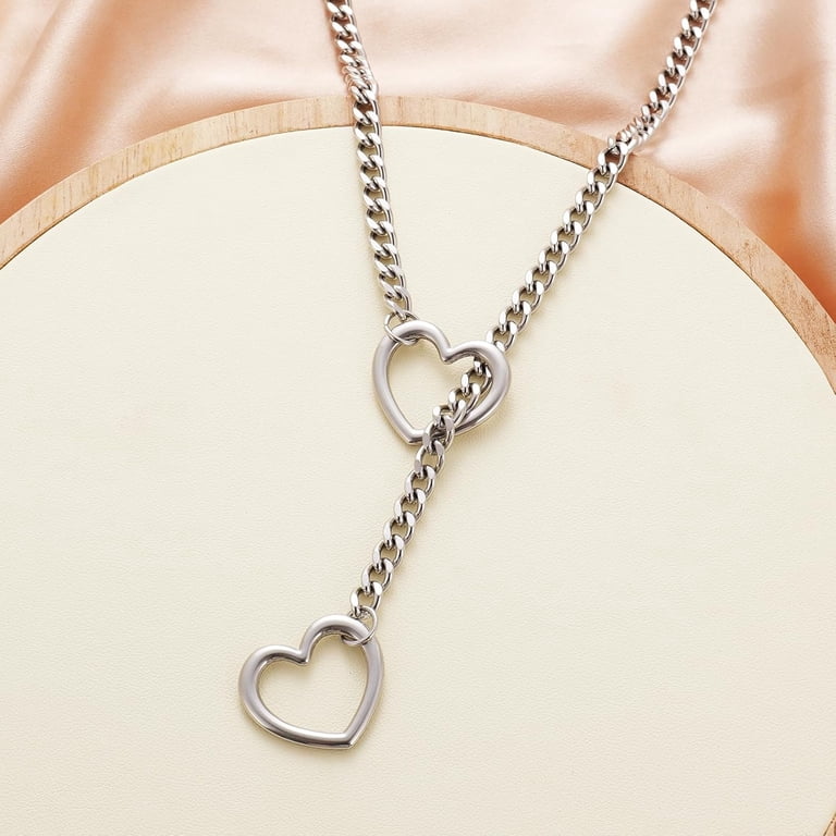 Adjustable Slip Chain Heart Necklace - Stainless Steel Lariat With Heart Lock & Key, 25 Inch, Silver