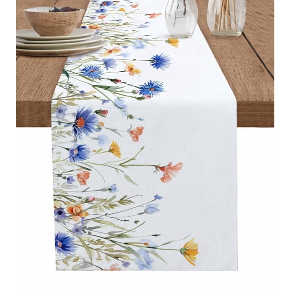 Ldtrchee Blue Yellow Pink Spring Floral Table Runner 70 Inches, Watercolor Summer Botanical Bed Runner Dresser Scarves Tabletop for Indoor Outdoor Parties/Ceremony/Banquet, 13" x 70"