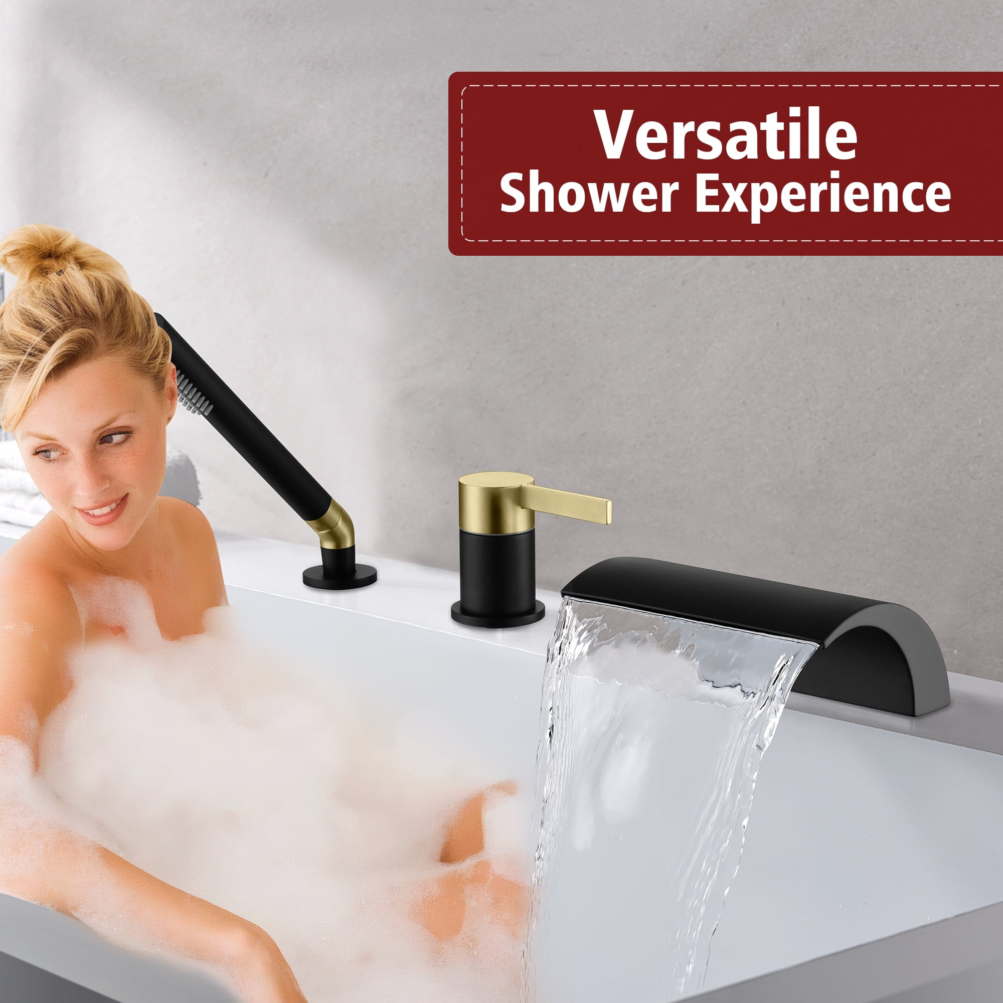 SUMERAIN 3 Hole Roman Tub Faucet with Hand Shower, High Flow Waterfall Tub Filler Black and Gold Finish