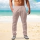 thumbnail image 2 of Pantalones casuales de lino para hombre, color sólido, ligeros, sueltos, elásticos, con cordón, rectos, para verano, playa, yoga 069-rosa G 069-rosa G Xishao ropa, 2 of 2
