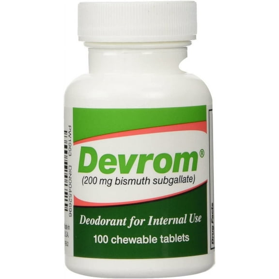 DEVROM - Internal Deodorant | Fast Acting Flatulence Deodorizer - 200 mg Bismuth Subgallate | 100 Chewable Tablets | 1PK