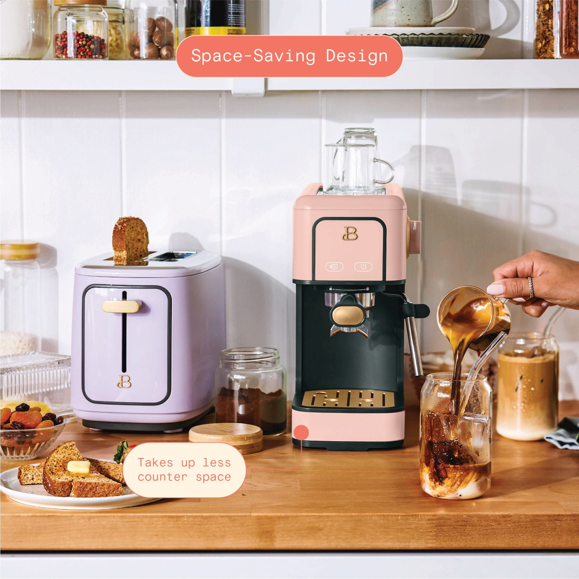 Beautiful Slim Espresso Maker with 20-Bar Pressure, Rose by Drew Barrymore