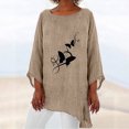 thumbnail image 2 of Camisa de lino y algodón con cuello redondo y manga 3/4 para mujer, tops con estampado personalizado, blusa holgada con dobladillo irregular Pompotops FGAJ11726, 2 of 7