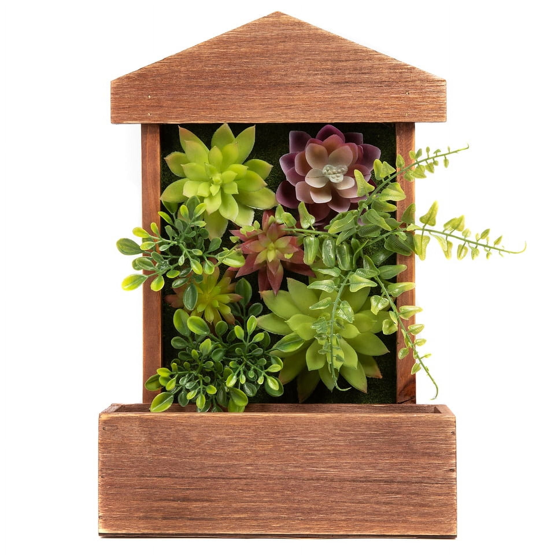 K-Cliffs 3D Wooden House Shape Frame with Faux Succulents and 3 Key Hooks, Wall Arrangement, Brown