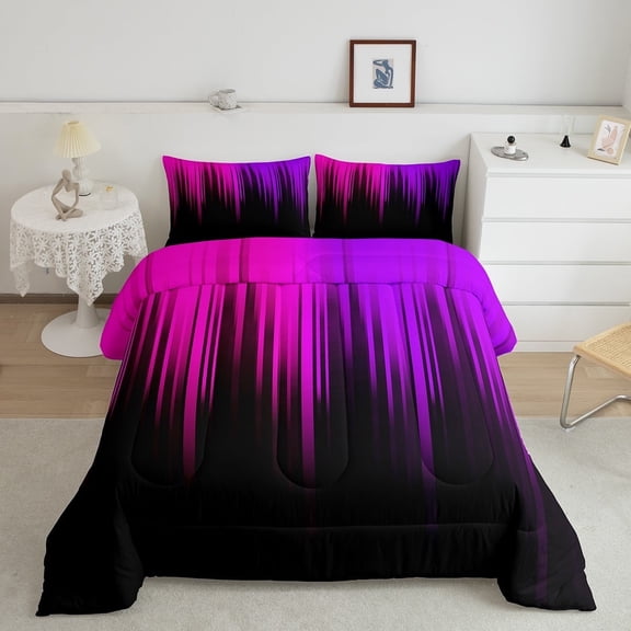 Pink Purple Black Comforter Set Full Abstract Gradient Stripes Bedding Set Women,Vintage Ombre Striped Lines Geometric Down Comforter,Stripe Modern Style Quilt Simple Room Decor