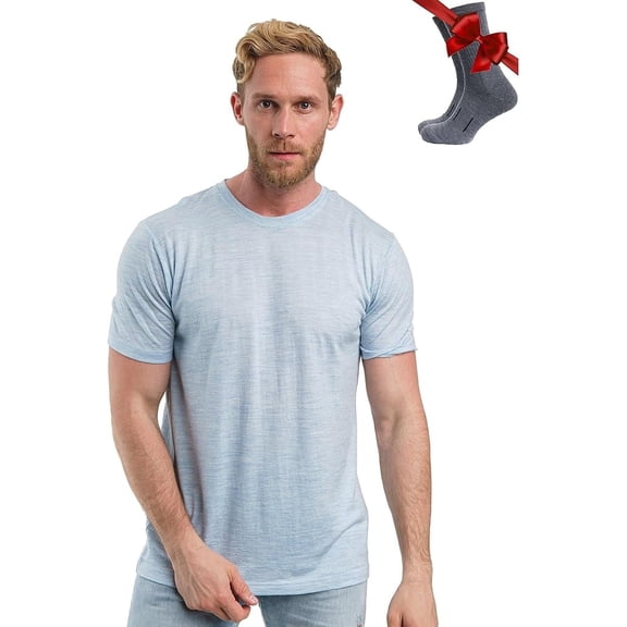 𝗠𝗲𝗿𝗶𝗻𝗼.𝘁𝗲𝗰𝗵 Men’s Everyday Merino Wool Short Sleeve T-Shirt, Bonus Socks Included